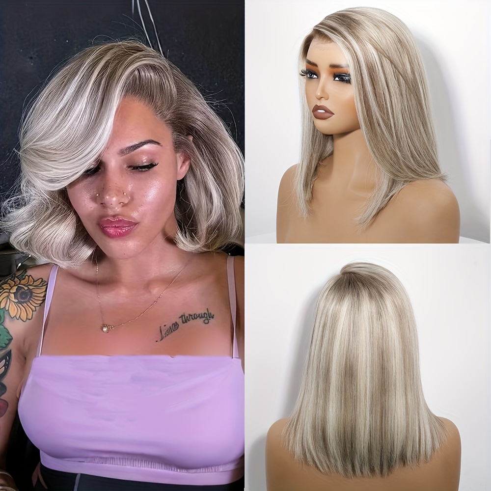 Image of Ombre Frosted Blonde Colored Short Bob Brazilian Human Hair Lace Frontal Wig Straight Human Hair 13x4 Lace Front Wigs For Women Vacation Wear Transparent Hd Lace Double Drawn Wig With Natural Hairline