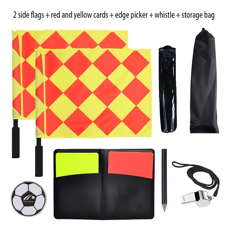 TEMU 1 Set Of Soccer Referee, Sideline Flag, Red And Yellow Cards, Stainless Steel Referee Whistle, Sideline , Match Referee Training Tool Additions