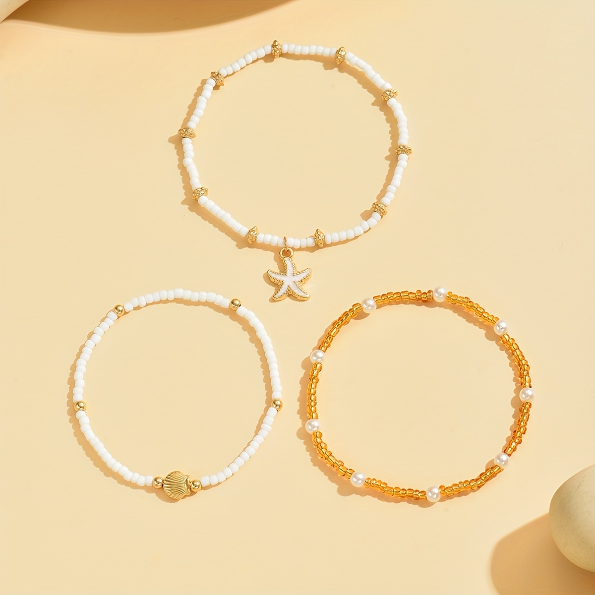 Boho Beach Ankle Bracelets with Seashells & Starfish, Set of 3