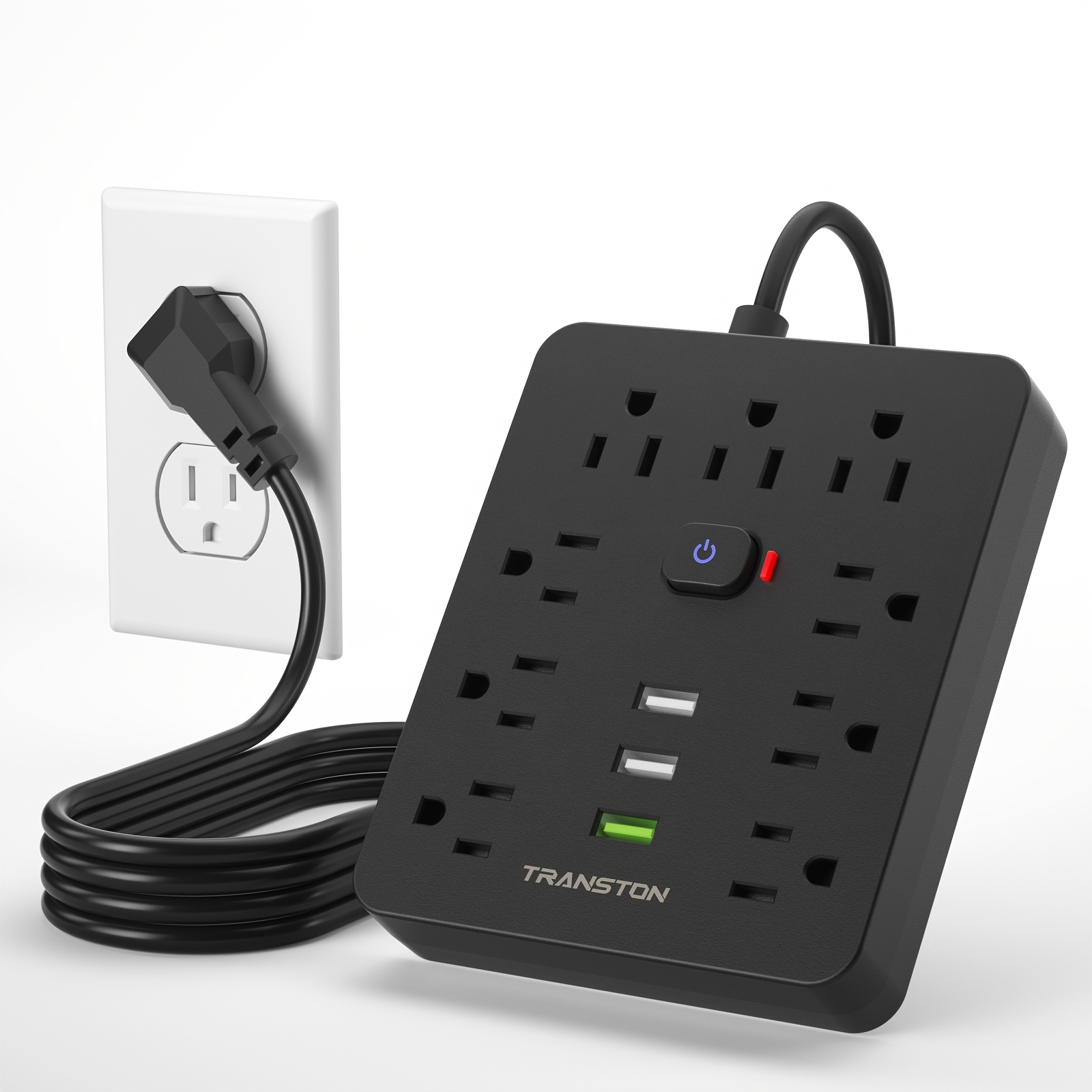 

Power Outlet With Protector, 9 Jacks, 3 Usb , 10ft Extension Cord, , Fire Resistant, For Home And Office, Black