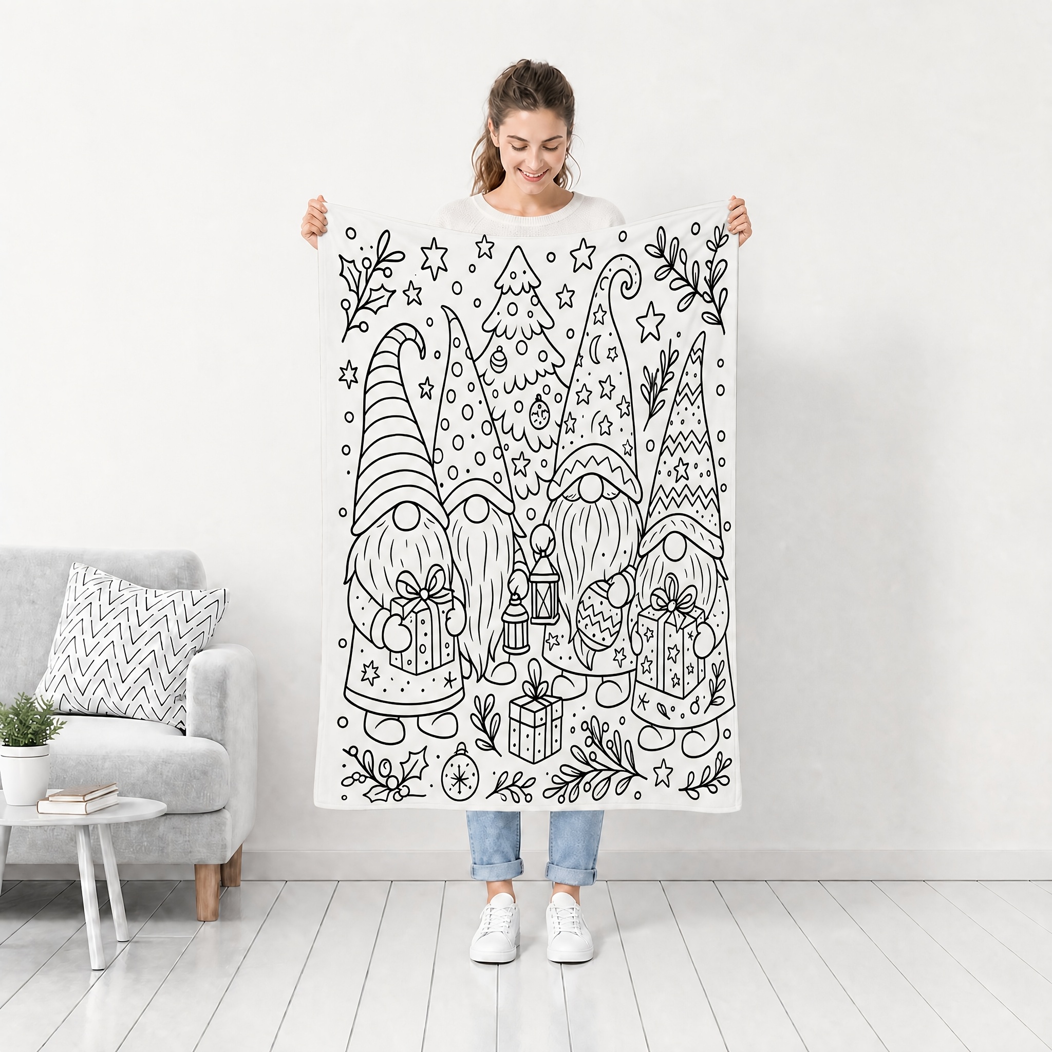 TEMU Couverture à motif de style de coloriage sur le thème de Noël en flanelle, design d'art de ligne , avec des gnomes de la forêt, des de Noël, des