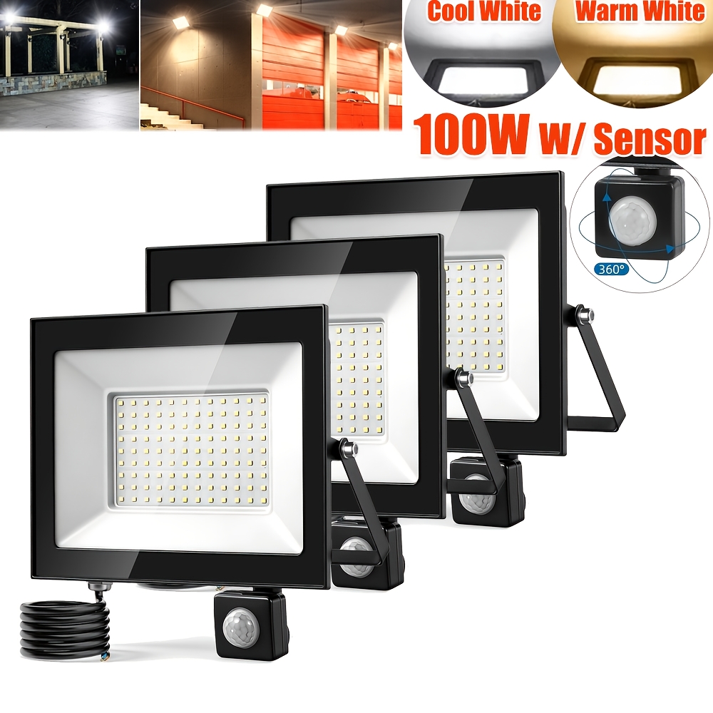Image of 3pcs 100w Motion Sensor Led Floodlight, 2 Colors Are , Outdoor Spotlight For Backyard, Driveway, Garage, Hallway, Garden, Basketball Court