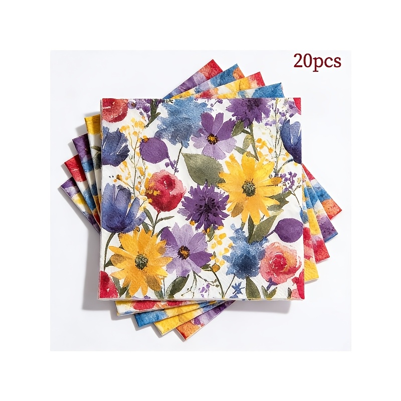 TEMU Lot de 20/40/60 pièces, Serviettes de fête épaisses et douces à imprimé floral à l'encre aux couleurs riches, Papier de soie doux à 2 plis,