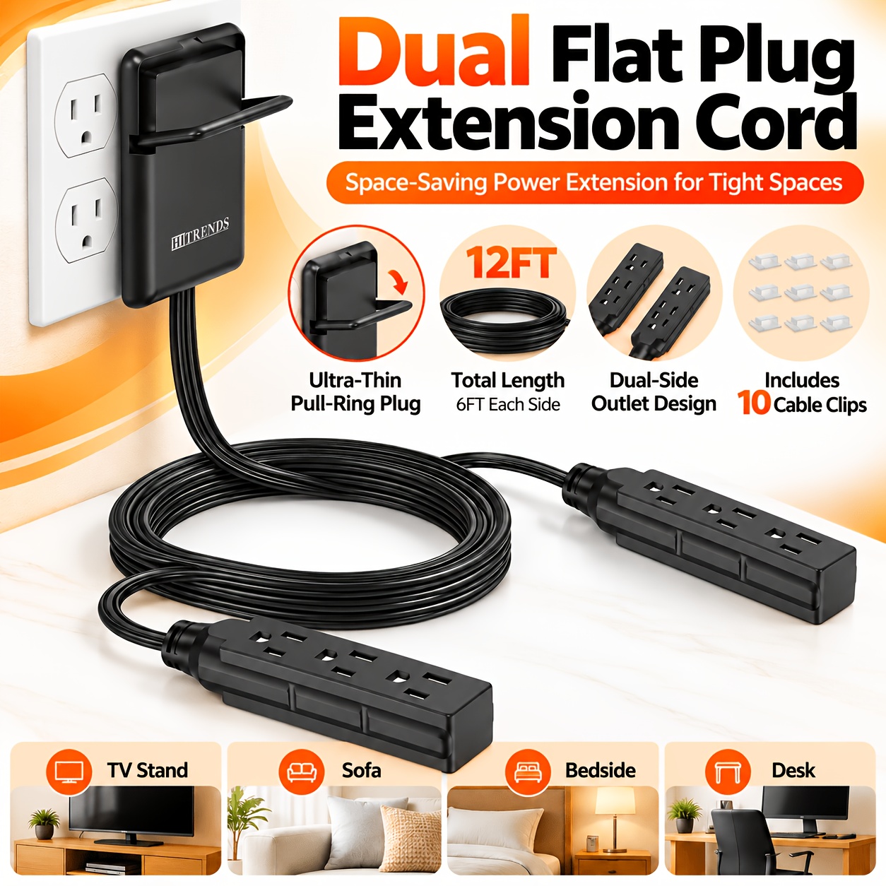 TEMU Twin Flat Plug Extension Cord With Multiple Outlets, Dual Side Outlet Extender, Ultra Thin Space Saving Power Strip For Behind Furniture, Home