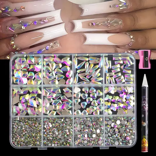 of 12 grid multi shaped combination of flat glass nail gemstone fantasy moon flat diamond type mixed s mixed round glass diamond decorative nail trim decoration diy nail tool set gift set set