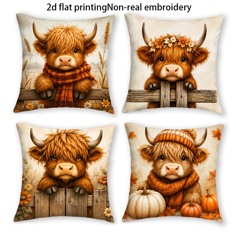 TEMU 2d Flat - 4pcs Highland Cow Pumpkin Throw Pillow Covers, 2d Flat Double Sided Printed, Zipper Closure Machine Washable, Fall Thanksgiving Decor