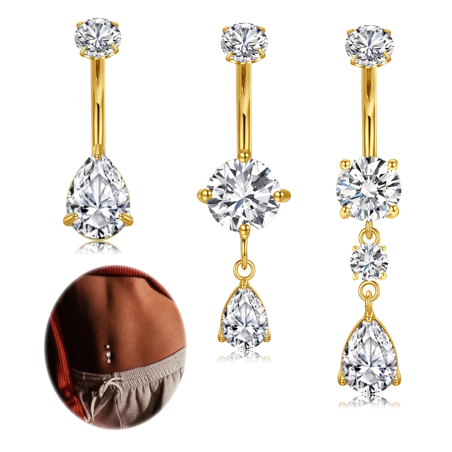 Image of 3pcs 14g Belly Button Ring Cz Dangle Belly Ring 316l Stainelss Steel Belly Button Piercing Jewelry Teardrop Navel Ring For Women Daily Wear