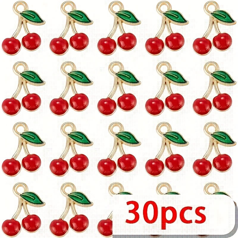 E-shop 30 Stück rote Kirsch-Emaillierungs-Anhänger aus goldenem Metall, für die Herstellung von Schmuckstücken wie Armbändern, Halsketten und Ohrringen