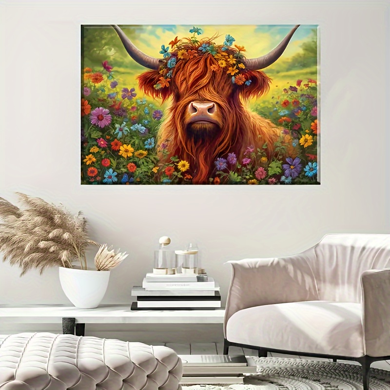 

1pc Frameless Highland Cow And Sunflowers Sunset Canvas, Warm And Soft Color Wall Art For Living Room Bedroom Office Decoration, No Frame