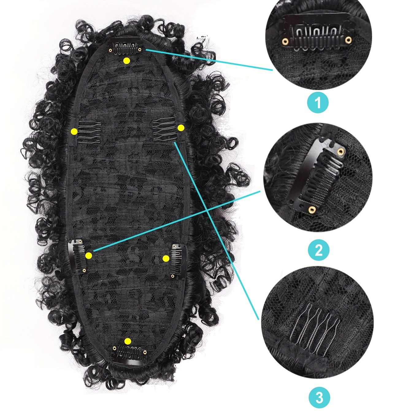afro high puff hair bun ponytail drawstring with bangs synthetic   curly mohawk   fauxhawks pony tail clip in on ponytails for women hair extensions with six clips details 5