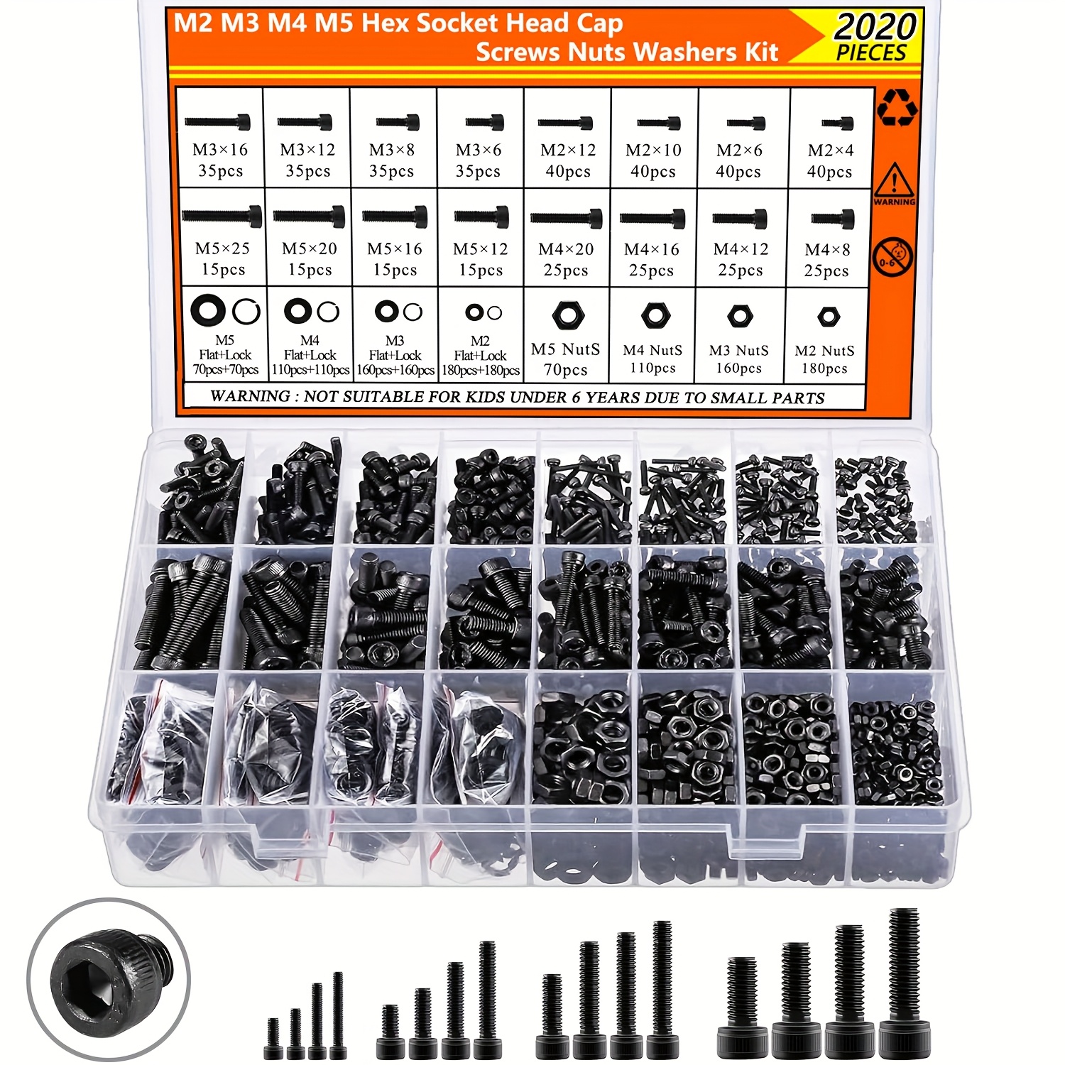 Image of 2020pcs Metric Screw Nut Washer Assortment Kit - M2 M3 M4 M5 12, 9 Alloy Steel Black Hex Socket Head Machine Screws - Heavy Duty Fastener Set For Diy & Industrial Use