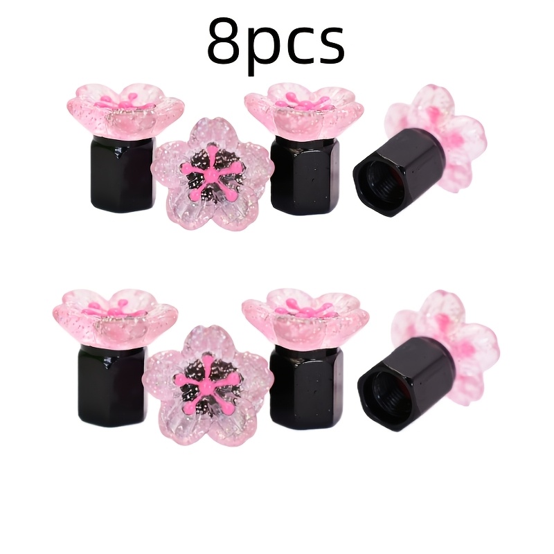 TEMU 8pcs Black Valve Caps With Pink Flowers, Pink Shiny Petal Tire Valve Caps - Metal Material, Suitable For Cars, Bicycles, Motorcycles - Shiny ,