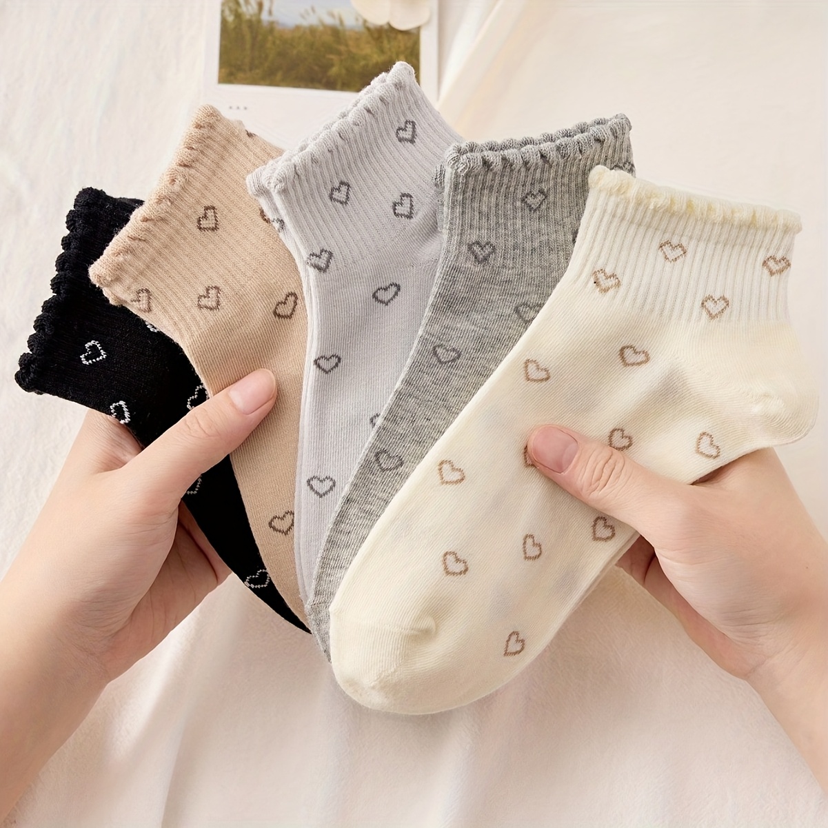 E-shop 5 Paar Sommer-Atmungsaktive Low-Cut Socken mit Japanischem Spitzenherzdruck, College-Stil Schweißabsorbierende Knöchelsocken