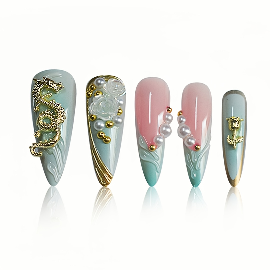 TEMU 24 stuks Lange Amandelvormige Plaknagels, Mintgroen en Nude Roze Ombre met 3D Gouden , Roos en Parel Decoraties, Herbruikbare Nagels, Geschikt