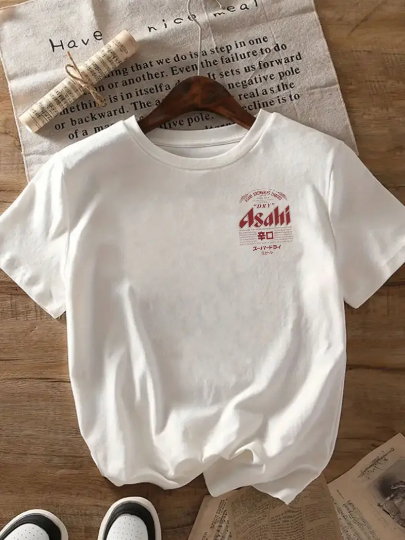 womens vintage japanese beer print t shirt short sleeve crew neck casual top with graphic 95 polyester 5 elastane blend lightweight 200gsm machine washable white with red black lettering Product details 2