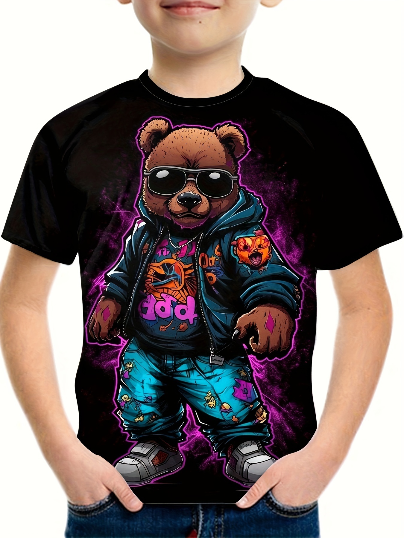 Cartoon Bear Graphic T-shirt for Boys - 3D Digital Print, Active and  Stretchy Short Sleeve Tee for Summer Outdoor Fun - Kid's Clothing with Fun  and Pl