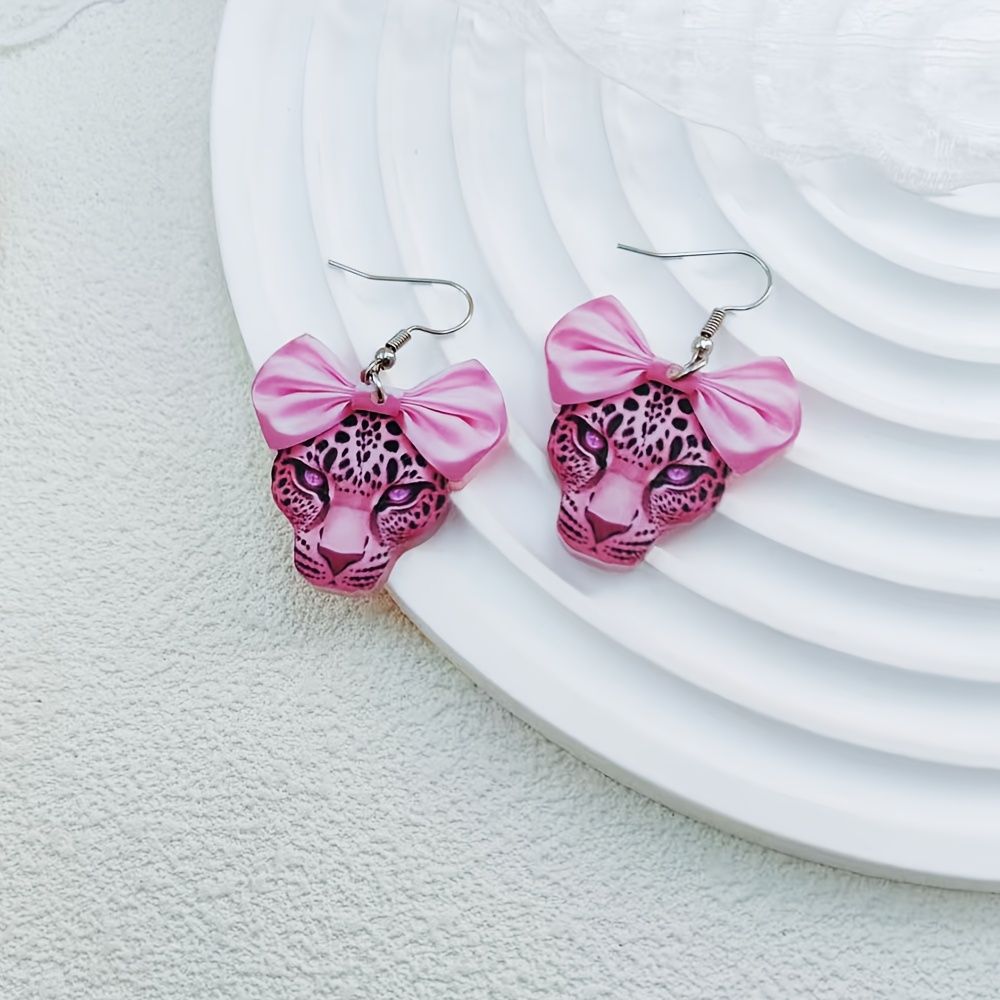 TEMU 1 Pair Of Pink Leopard Print Bow Acrylic Men's Earrings | Versatile, Durable, And Lightweight For With 304l Stainless Steel Ear Hooks | Gift For