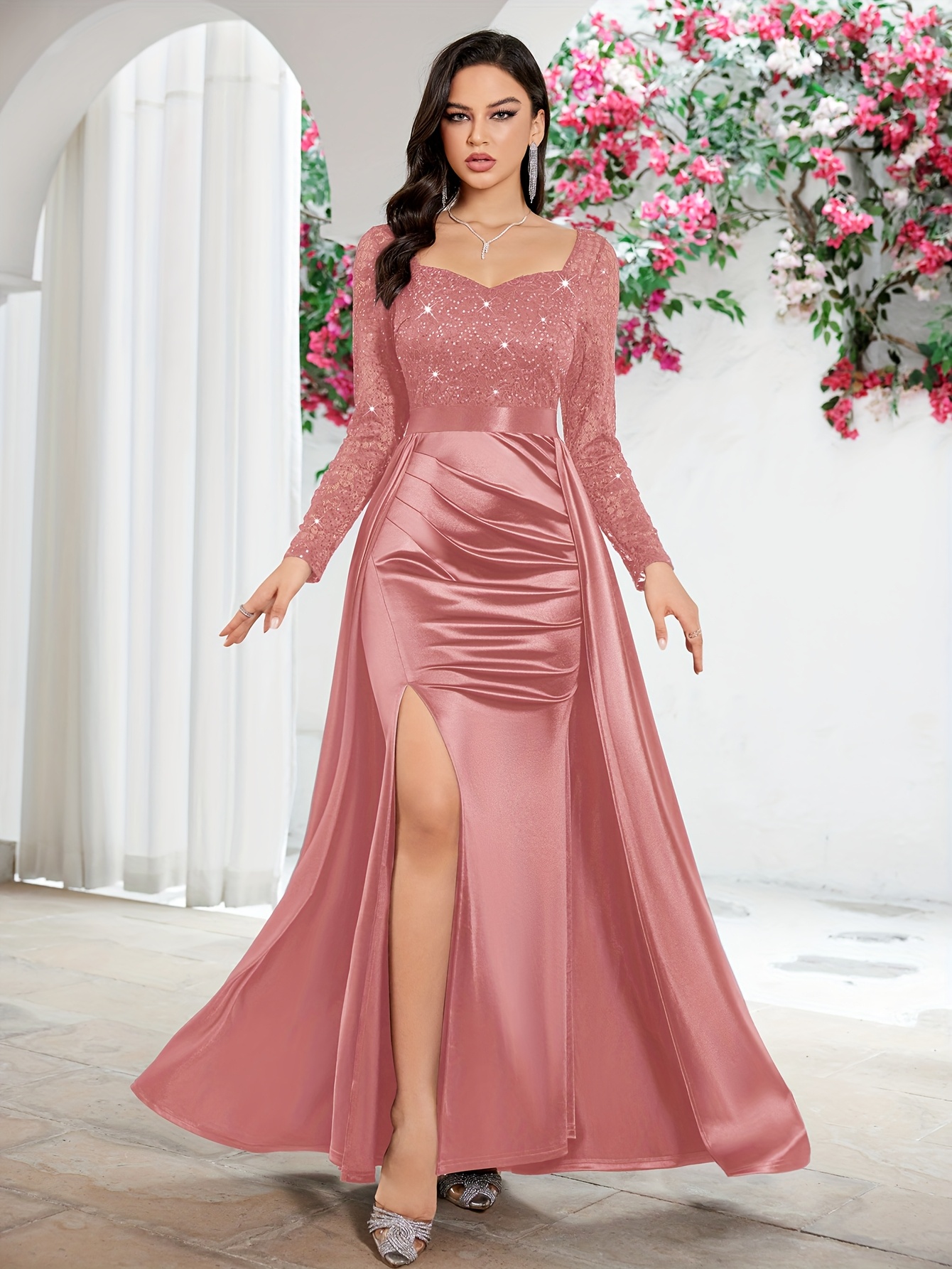Women's Elegant Formal gown Long Formal dress with Square Neck, Long  Sleeves, Soft Pink/ Pastel color, for Wedding, Party, Prom Elegant  Evening dr