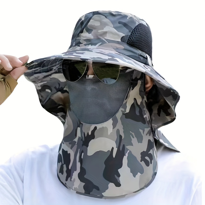 Men's Camouflage Shawl Sun Hat With Face Cover, Breathable And Sun-Proof,  Removable Bucket Hat For Fishing, Hiking, And Travel