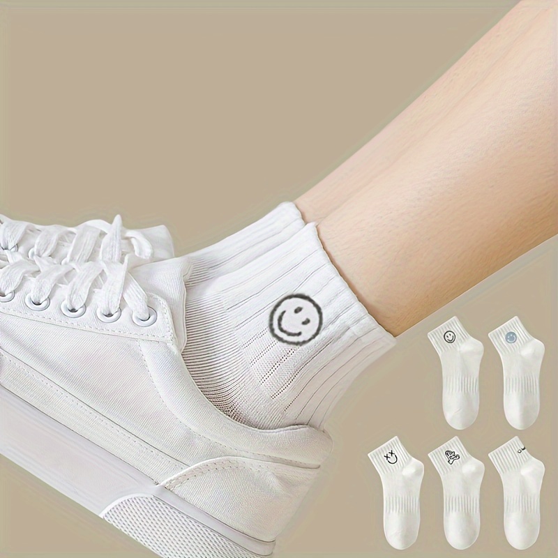 

5/10 Pairs Simple Cute Cartoon Pattern Ankle Socks, Comfy & Breathable Short Socks, Women's Stockings & Hosiery
