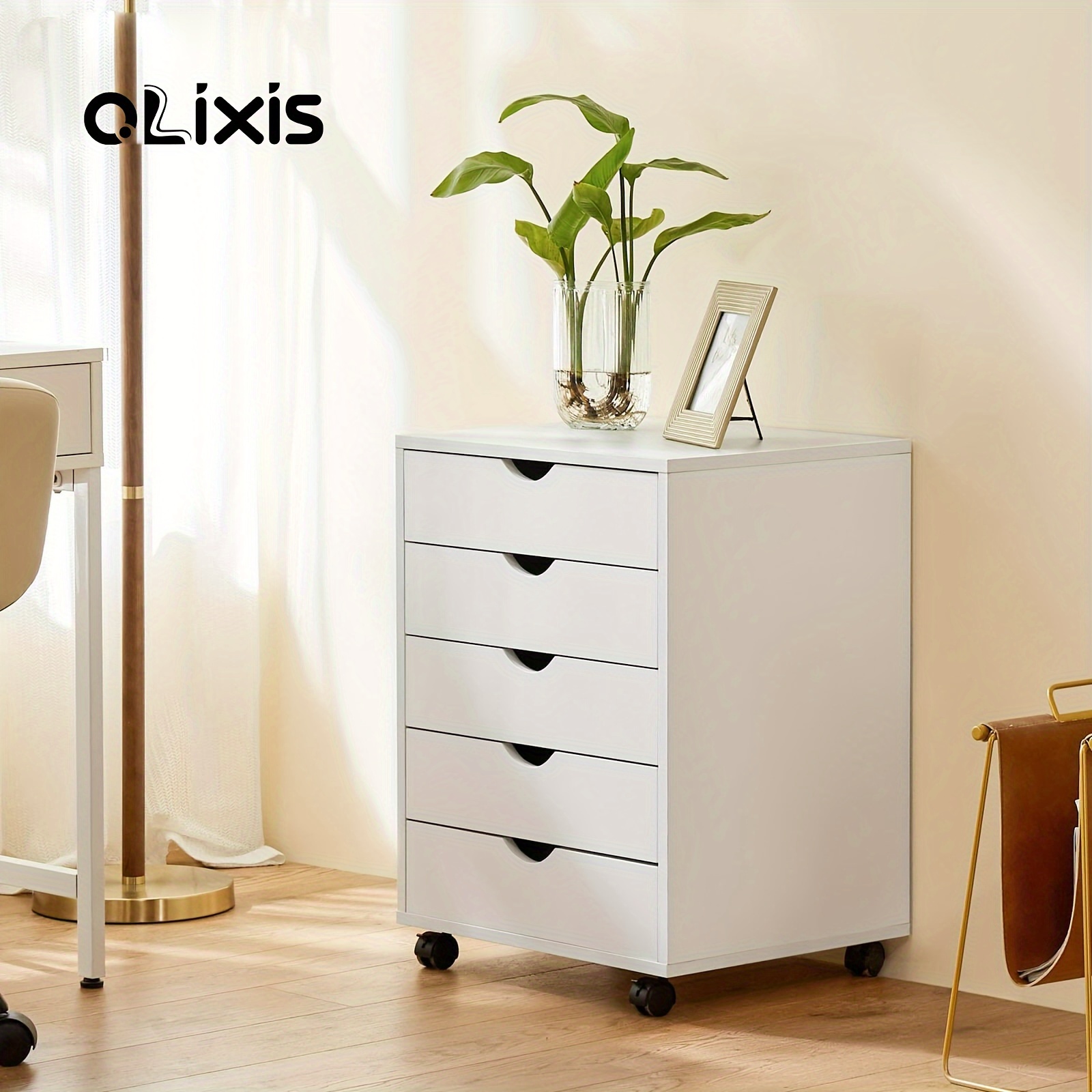 

Olixis 5 Drawer Chest Wood File Cabinet Rolling Storage Dresser With Wheels For Home Office, White