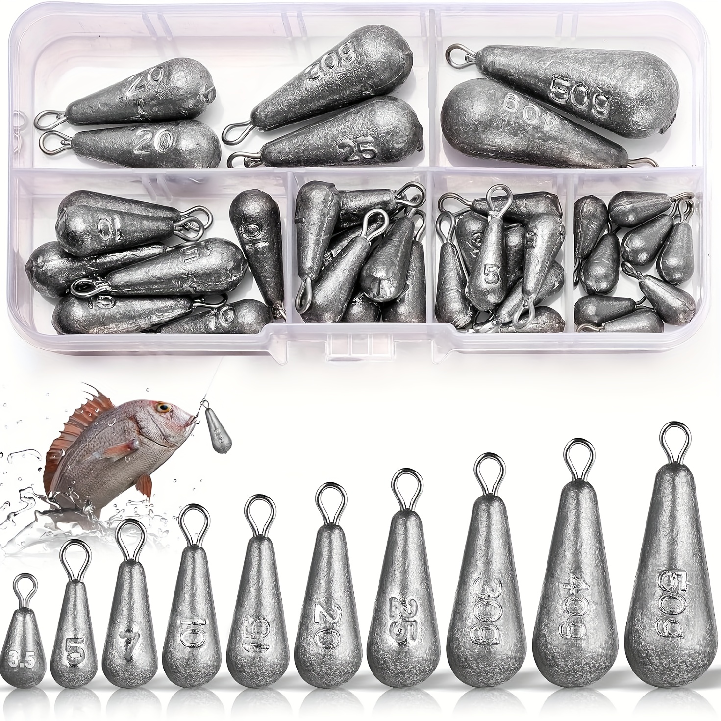 Image of A Set Of 40 Small Fishing Weights In 10 Different Sizes Ranging From 3.5g To 50g, Suitable For Deep Sea Fishing, Floating, And Sea Fishing, Complete With Swivels