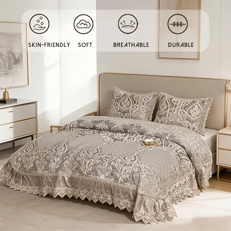TEMU 3pcs Quilted Thickened High-gsm Embroidered Pattern Bedspread Set (includes 1 Bedspread And 2 Pillowcases, No Inserts) Light Luxury Bedroom Soft