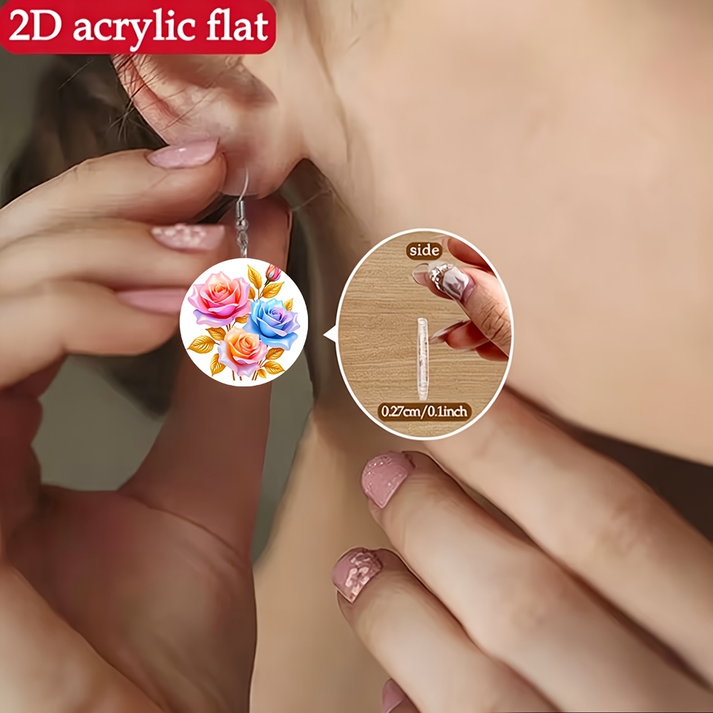 2D Acrylic Pink Blue Gradient Rose Earrings, Daily Wear