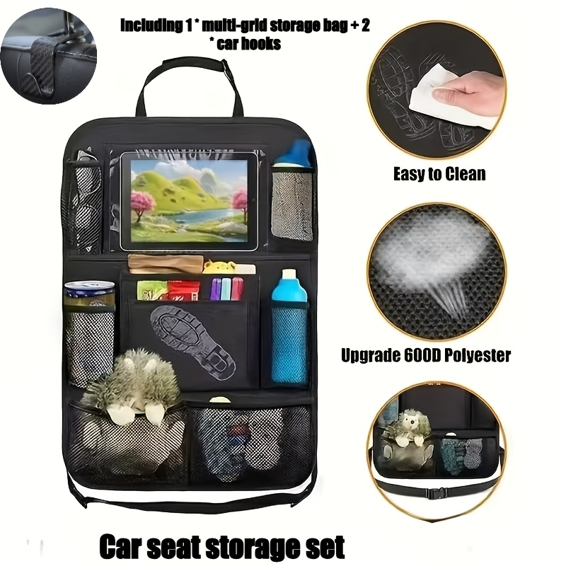 TEMU Car Backseat Hanging Organizer With Free Hooks, Made Of Thickened Wear-resistant Oxford Fabric For Layered Storage. Features Dual Side Cup