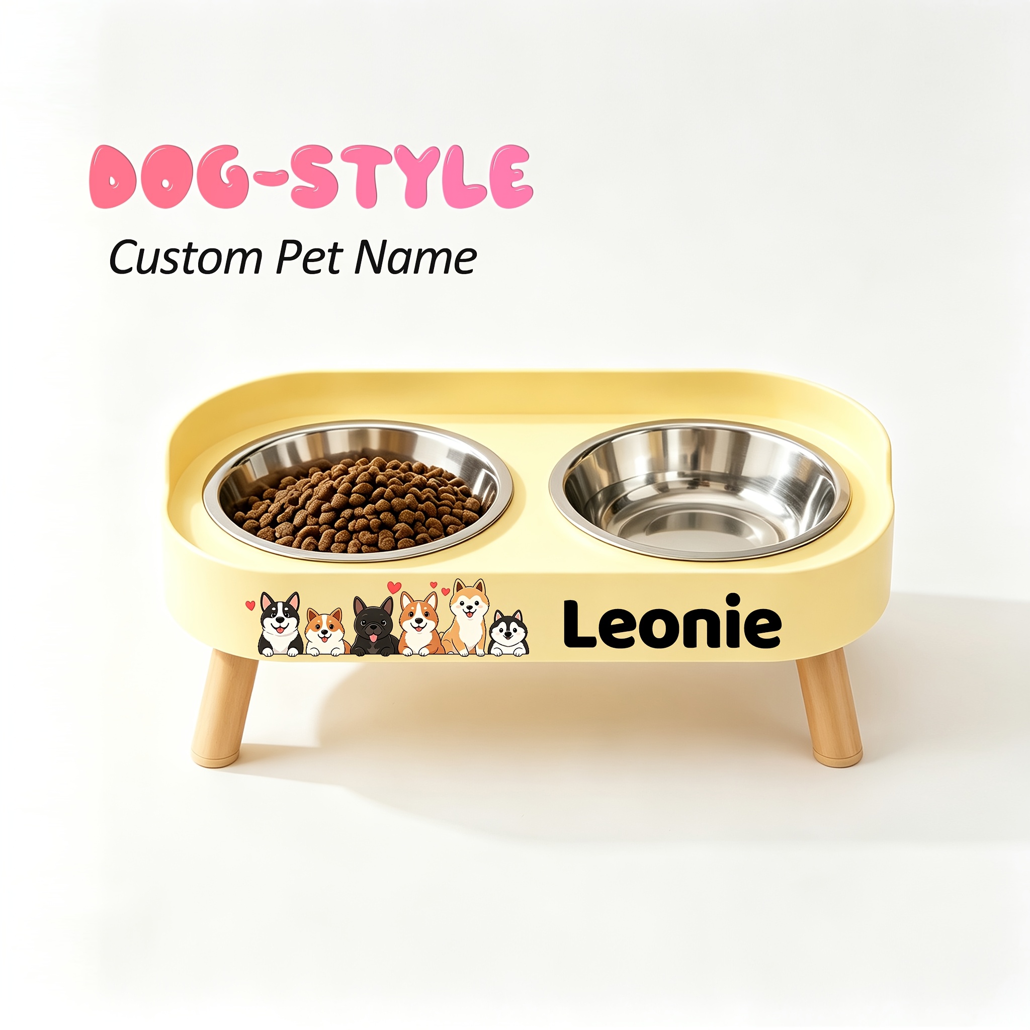 Raised Double Bowl Feeder with Custom Pet Name
