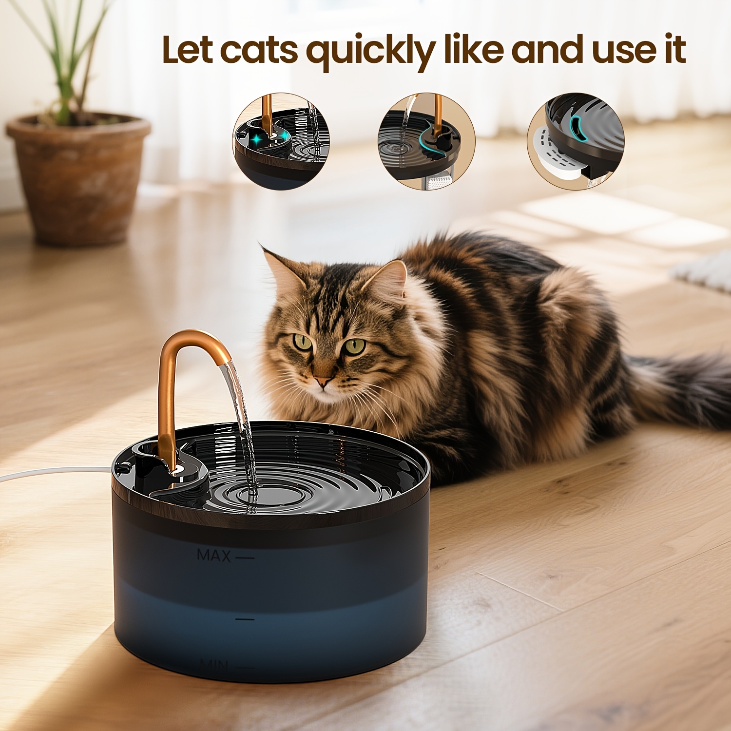 Fontaine à Eau pour Chat, 71oz/2.1L avec Robinet en Cuivre, Bol et Distributeur Automatique en Plastique avec 3 Filtres Remplaçables