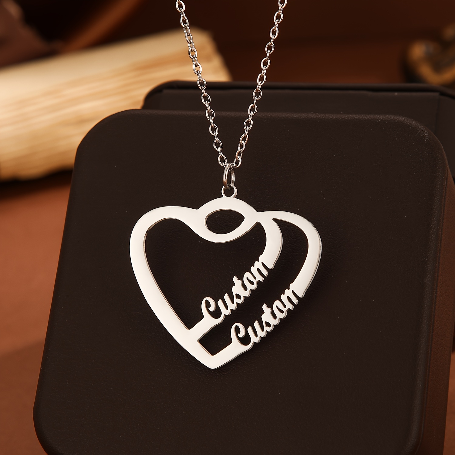 

1pc Collier pendentif double cœur en acier inoxydable gravé personnalisé élégant et simple pour couples, personnalisés, chaîne réglable, , toutes