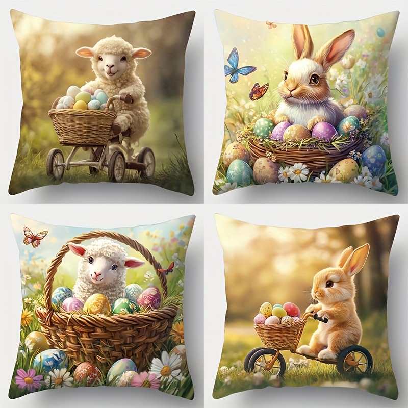 TEMU 4pcs, Printed Pillowcases, Printed With Rabbits, Lambs, Easter Eggs And Other Patterns. Suitable For Room Decoration, Living Room Decoration,