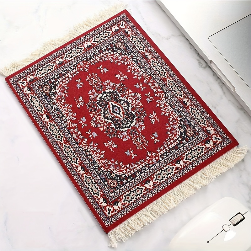 

Middle Eastern Style Carpet Mouse Pad With Tassels, Red Plush Fabric, Home Office Desk Mat, Heat Insulation Cup Pad, Dining Table Mat, Souvenir Doll Mat, Decorative Fringed Rug Design