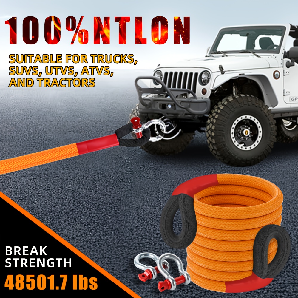 комплет тешко јаже за влечење 22 тони/22000 kg | должини  /4m/5m/7.1m/9.1m, вклучува 2 u-куки и   за складирање, 122+ цврстина на истегнување, полиамиден материјал, универзално применливо за возила до 22 тони Детали за производот 1