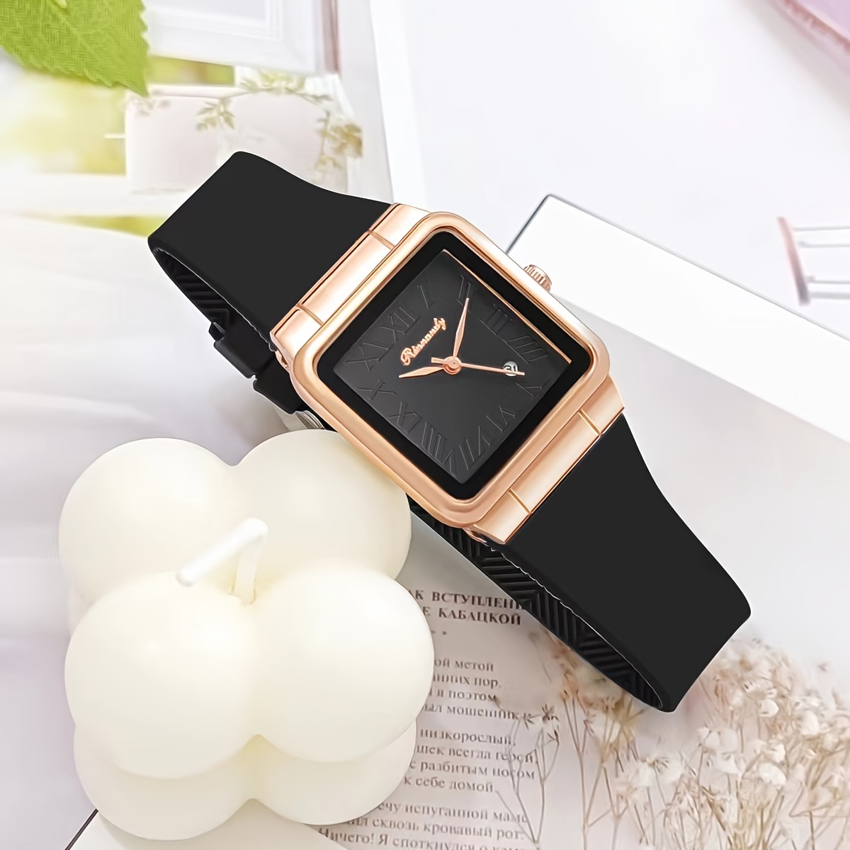 

Silicone Luxury Ladies Watch Square Cute Minimalist Sports Casual Student Youth Calendar Stainless Steel Wristwatch Black & White Options