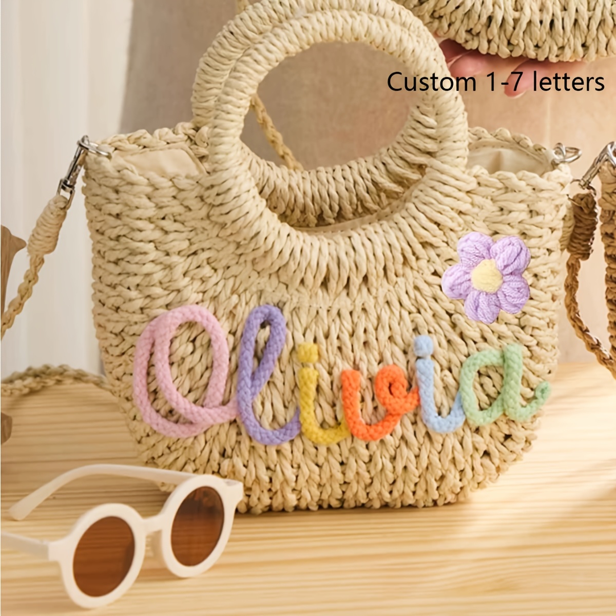TEMU [customizable] 1pc Personalized Custom Name -straw Beach Bag--handbag, Shoulder Bag, Or Crossbody Style--gift For Her/vacation Gift.