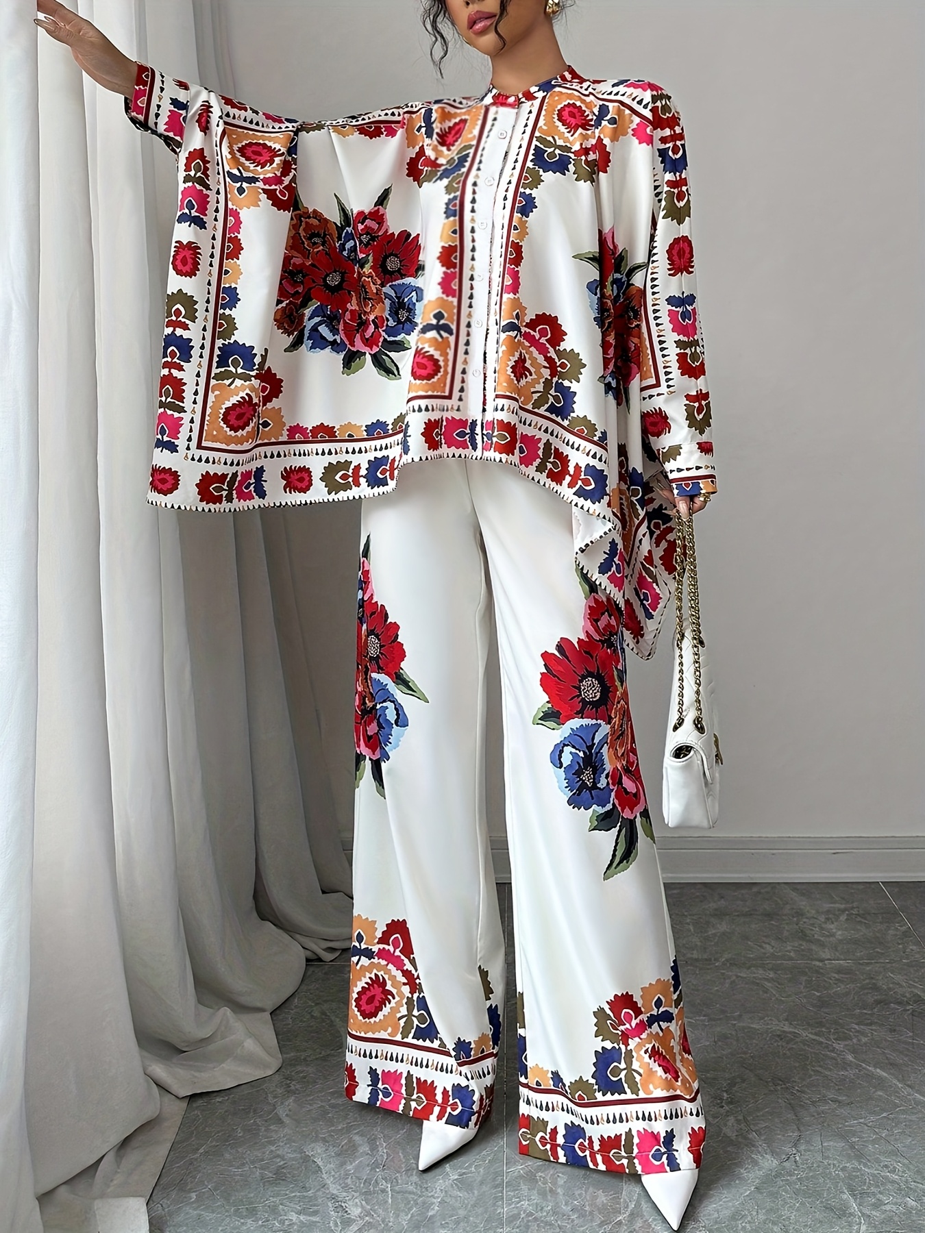 2pcs Women'S Floral Print Top And Pants Set