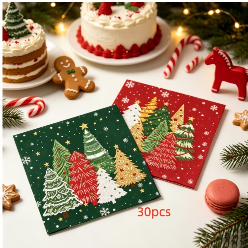 TEMU Lot de 30 serviettes de table rouges et pour fête de Noël, mouchoirs jetables de neige pour fête de Noël, idéaux pour les décorations et
