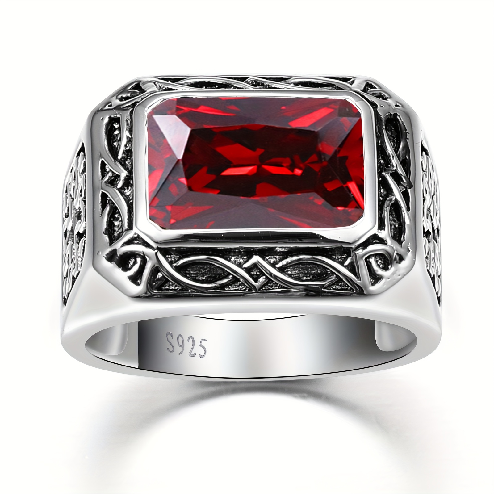 TEMU 6.85carat 8x12mm Bright Cut 925 Sterling Silvery Men's Ring Cocktail Ring Celtic Pattern Finger Ring For Dad