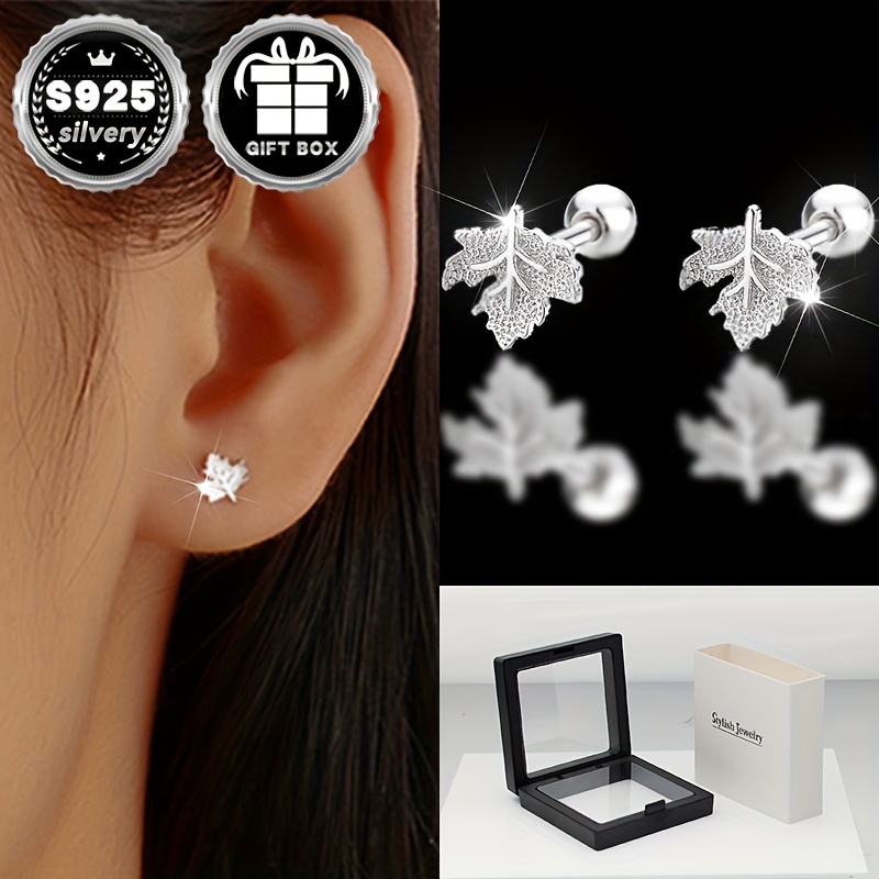 

2pc925 Sterling Silver (silvery Weighs About 0.66g) Maple Leaf Threaded Wire Studs, Hypoallergenic Simple National Tide Style Romantic Maple Leaf Earrings, Exquisite Women's Gifts