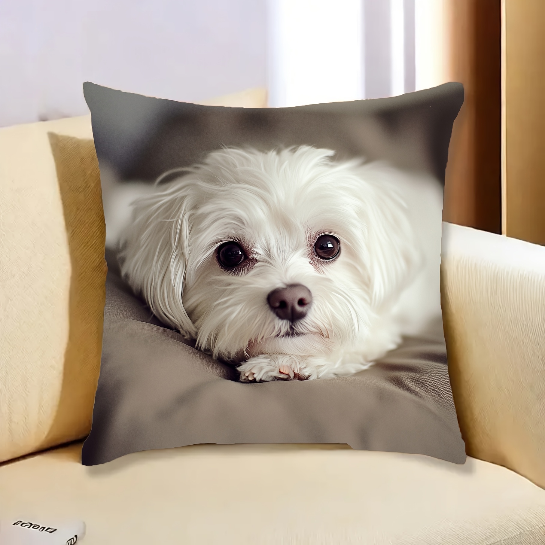 TEMU 1pc Maltese Dog Pillowcase, 18"x18", Retro Persian Style, White Polyester, Zippered Closure - Ideal For Sofa, Living Room, Bedroom, Office Decor
