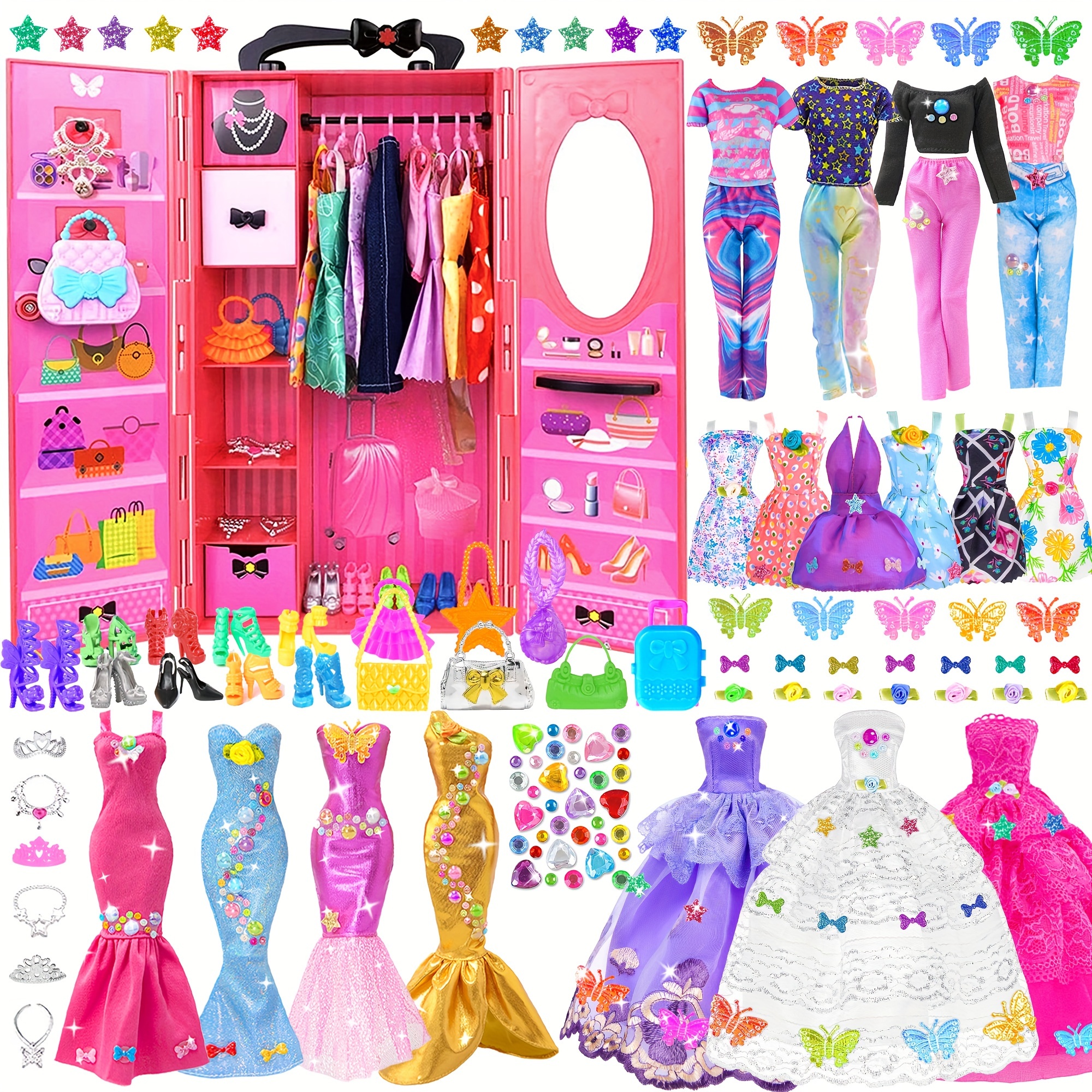 

139pcs 11.5 Inch Girl Doll Closet Wardrobe With Clothes And Accessories Including Doll, Wedding Dress, Outfits, Shoes, Hangers, Bags, Necklaces And Diy Stickers (include Doll)