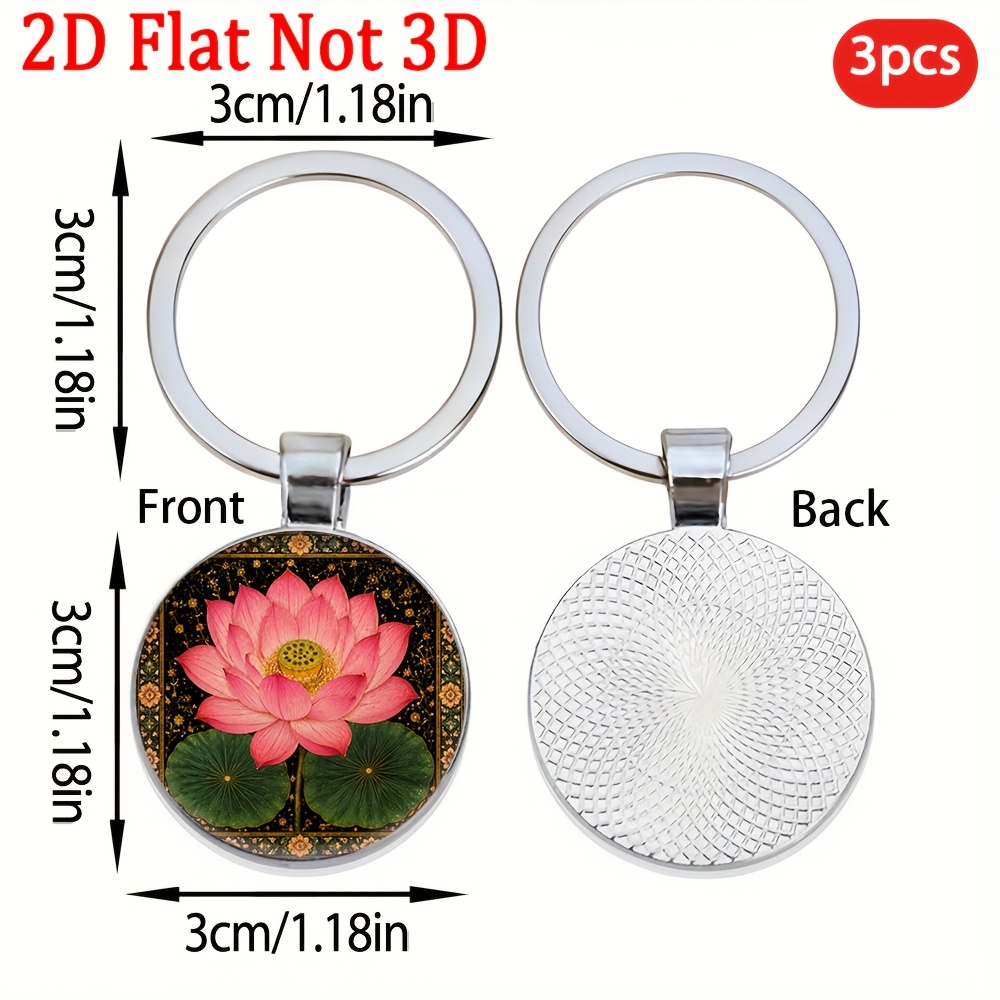 Fashionable Pink Lotus Patterned Round Key Pendant Keychain, 3pcs