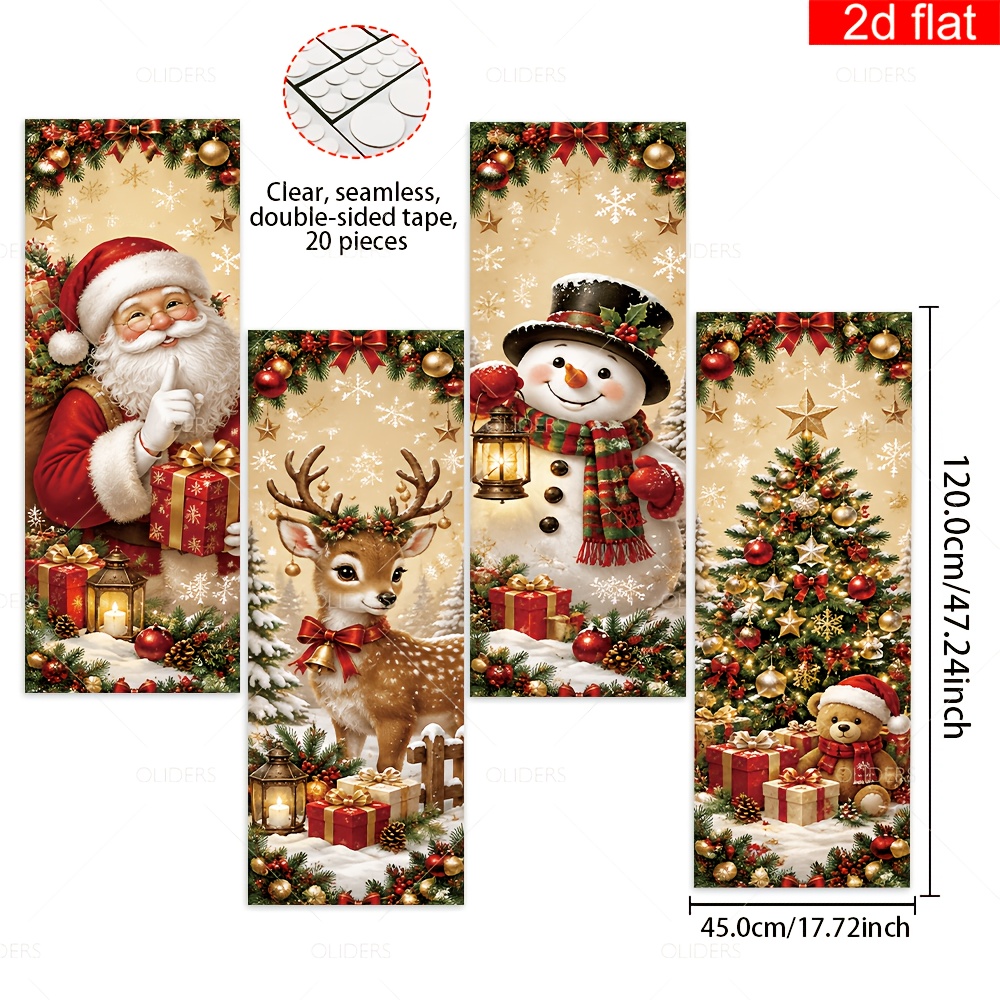TEMU Plat 2D, Bannière Plate 2D, 4 pièces, Bannière sur le Thème de Noël, Père Noël Faisant un de , Rentier , de Neige Tenant une Lanterne Vintage,