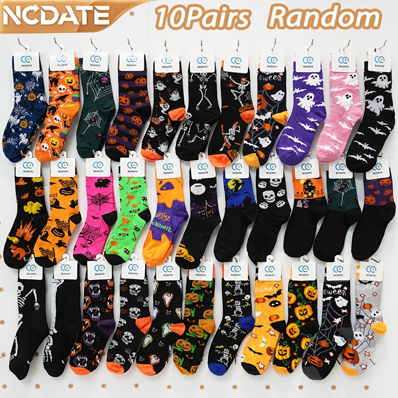 TEMU 10-pair Random Ncdate New Unisex Novelty Halloween Themed Patterned Mid-calf Socks With Pumpkin,, And Designs - Warm And Breathable For