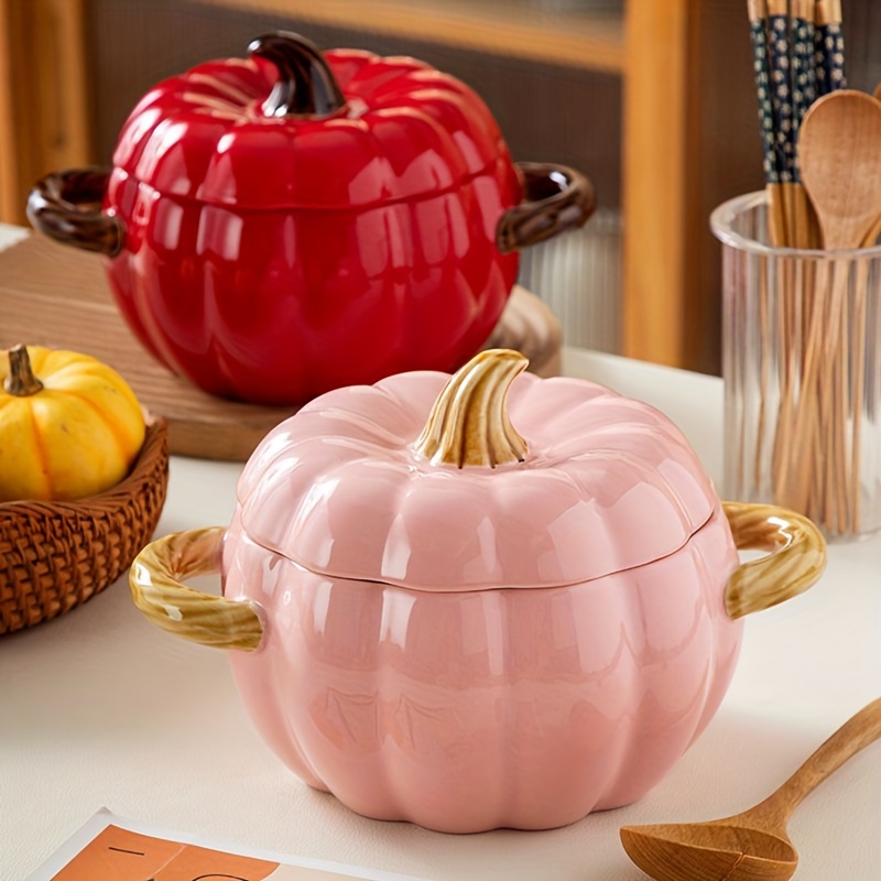 large pumpkin shaped ceramic soup pot with lid dual handle dishwasher safe   stew salad ideal halloween christmas and new year gift in red orange   details 11