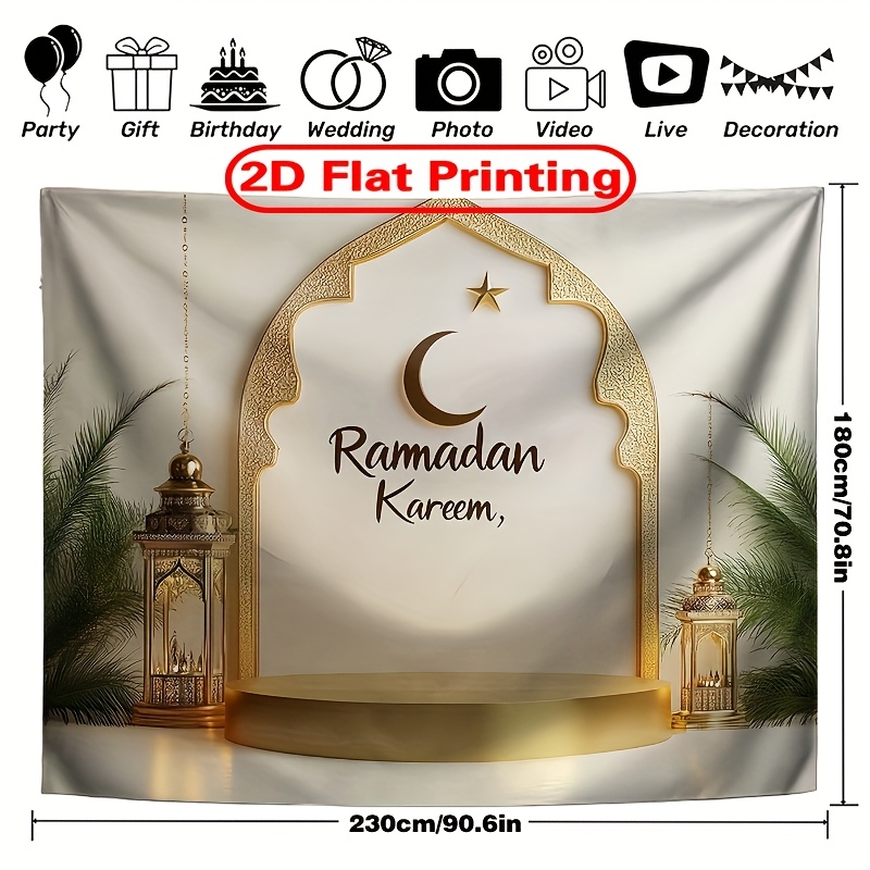 TEMU 2d Flat, 2d Flat - 2d Flat, 2d Flat - 2d Flat Ramadan Mubarak Background Decorations For Eid - Polyester Photography Backdrop - Ideal For Family