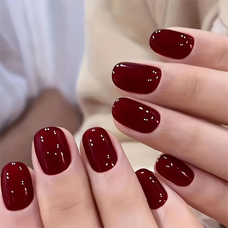 

24pcs Glossy Red Press On Nails Short Oval Fake Nails Minimalist Style False Nails Elegant Solid Color Full Cover Fake Nails For Women Girls Daily Wear