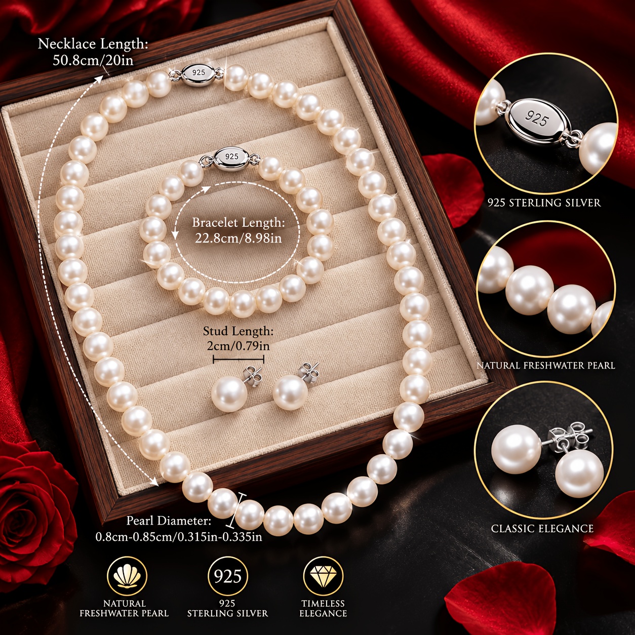 TEMU 925 Silver Natural Pearl Three-piece Set, Total Weight Of Product (47.73g). Suitable For Daily Wear, Must-have Summer Additions, Non-fading,